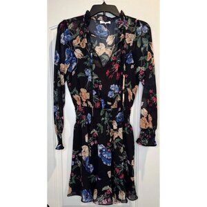 Parker Women’s Black Floral Print Long Sleeve Ruffle Blouson Lined Dress Sz S
